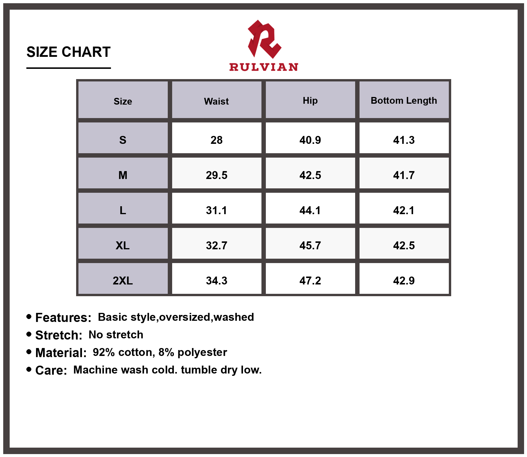 Size Chart - Men's High-Waist Wide Leg Relaxed Fit Jeans Premium Durable Denim for Casual Everyday Wear and Modern Looks