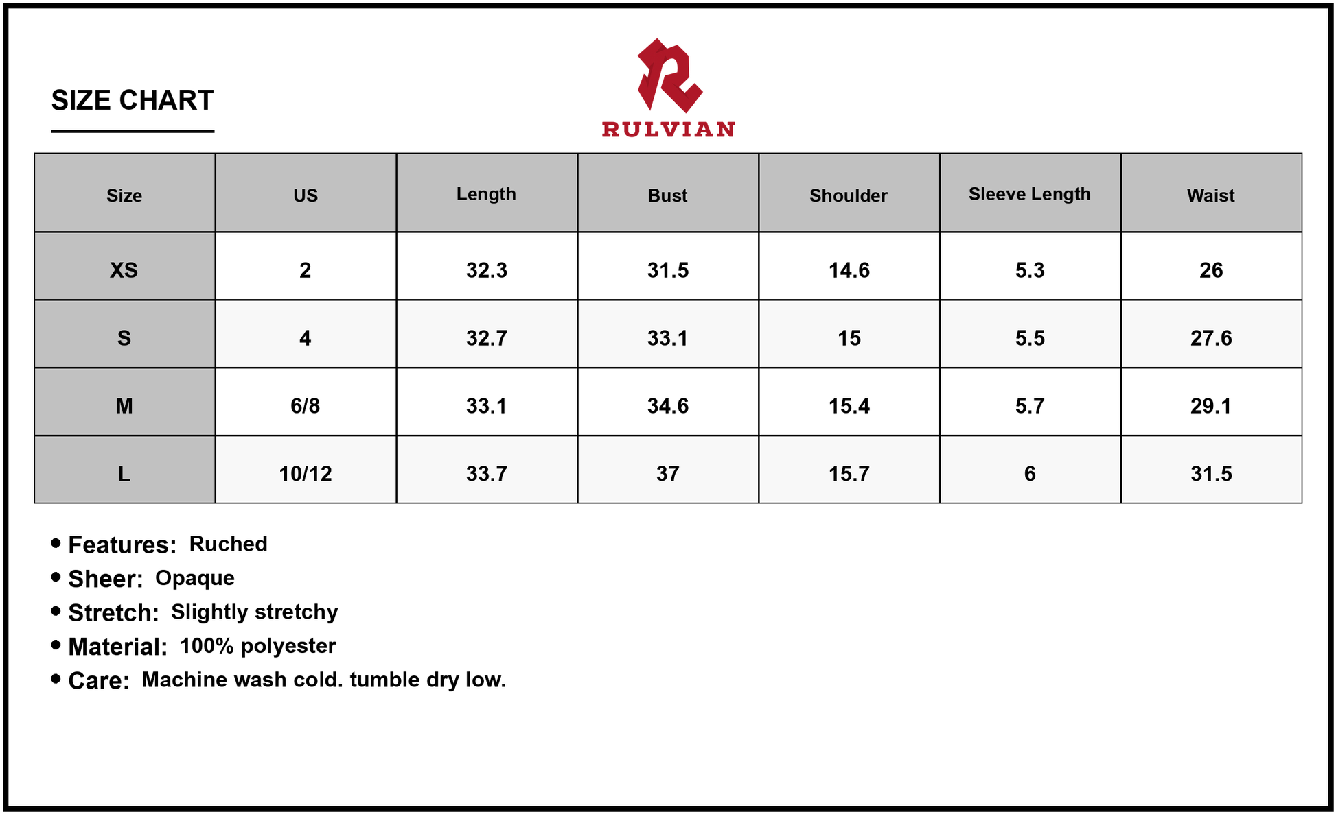 Size Chart - Women's Ruched Sheer Short Sleeve Johnny Collar Mini Dress 100% Polyester Fabric for Everyday Casual Occasion Wear
