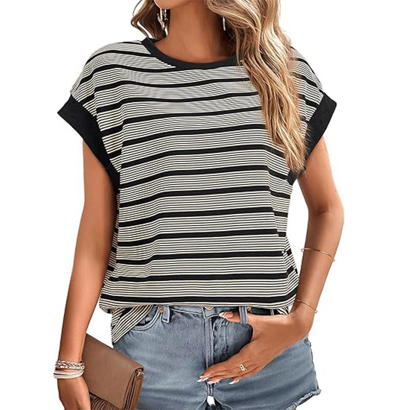 Womens Loose Round Neck Stripe Knitted Tshirt Raglan Sleeves 100% Cotton Top Soft Casual Everyday Wear Daily