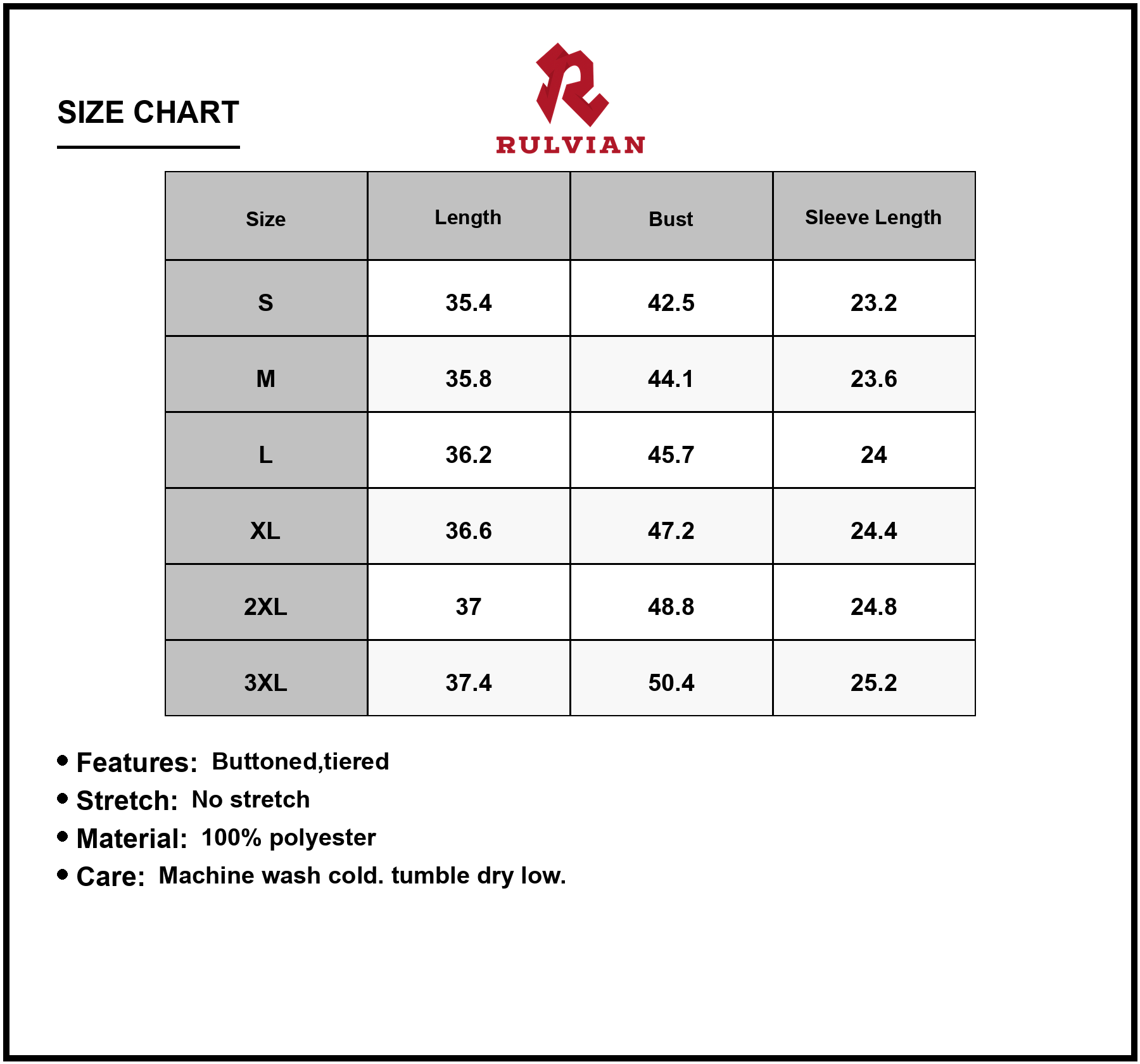 Size Chart - Women's Full Size Striped Button-Down Shirt Dress with Tiered Ruffle Hem 100% Polyester Easy Care Machine Washable