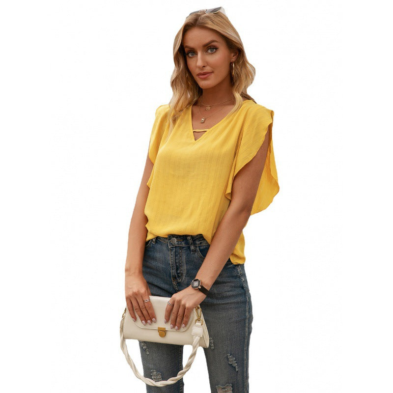 Womens V Neck Lotus Leaf Sleeve Yellow Shirt 30% Polyester Blend Lightweight Casual Everyday Comfort Top