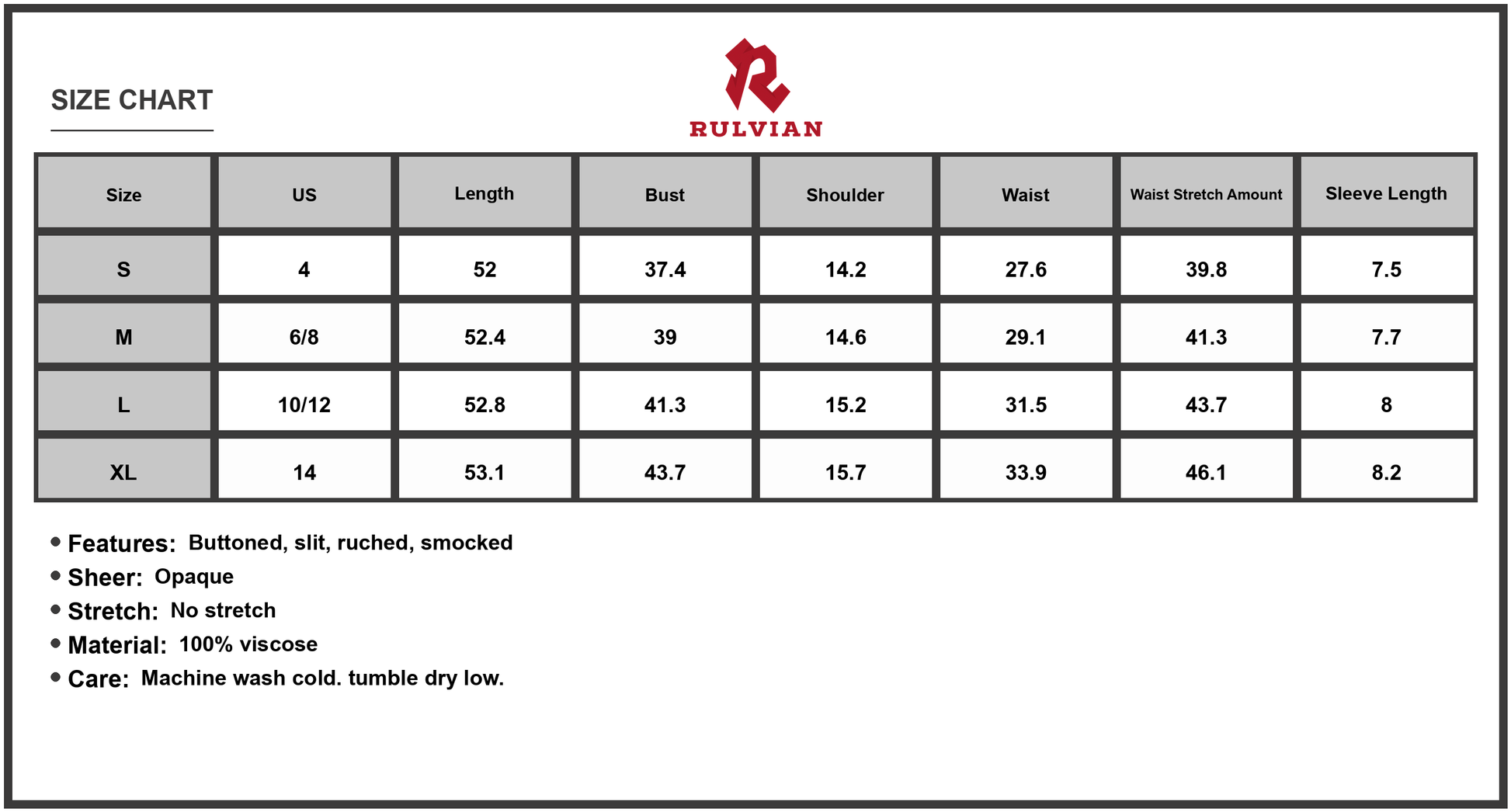 Size Chart - Women's Smocked Floral V Neck Short Sleeve Midi Dress with Ruched Button Front and Slit in Breathable viscose %