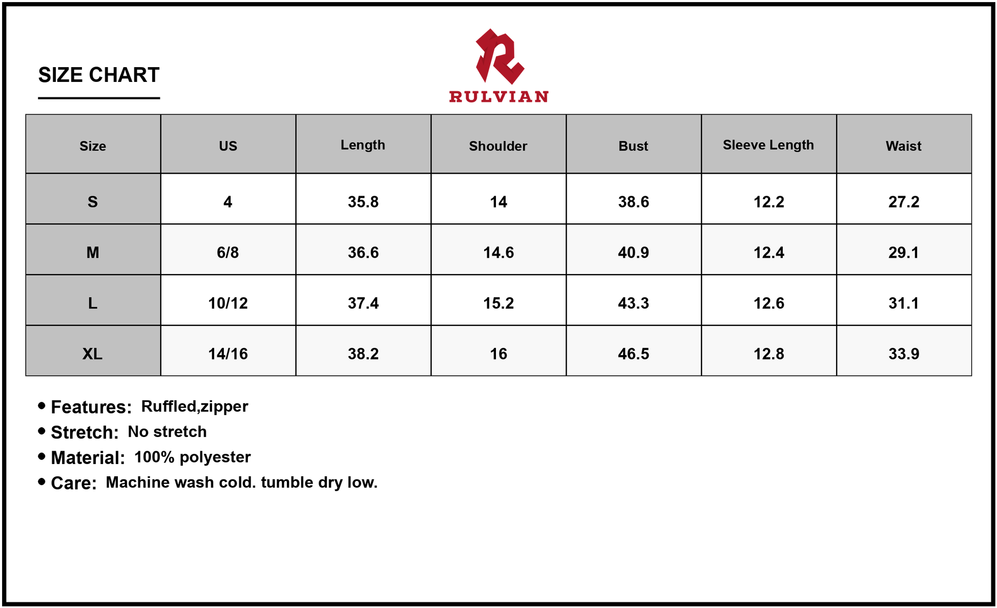 Size Chart - Women's Floral Print Zipper Ruffled Short Sleeve High Waist Mini Dress 100% Polyester Lightweight Dress for Summer