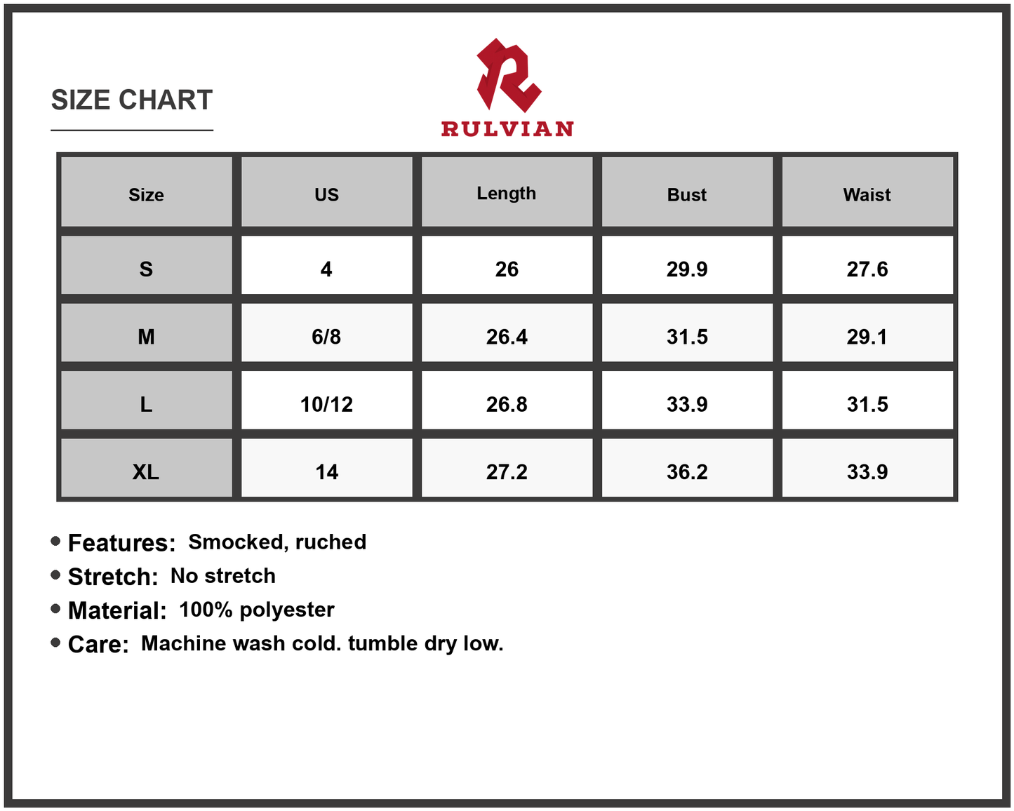 Size Chart - Women's Printed Tube Mini Dress Smocked Ruched Style Not Stretch Not Lined One Hundred Percent Polyester Fabric