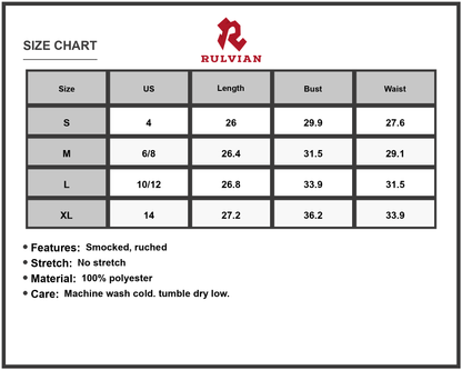 Size Chart - Women's Printed Tube Mini Dress Smocked Ruched Style Not Stretch Not Lined One Hundred Percent Polyester Fabric