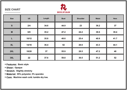 Size Chart - Women's Round Neck Short Sleeve Dress with Pockets 95% Polyester 5% Spandex Soft Stretch Easy Care Everyday Wear