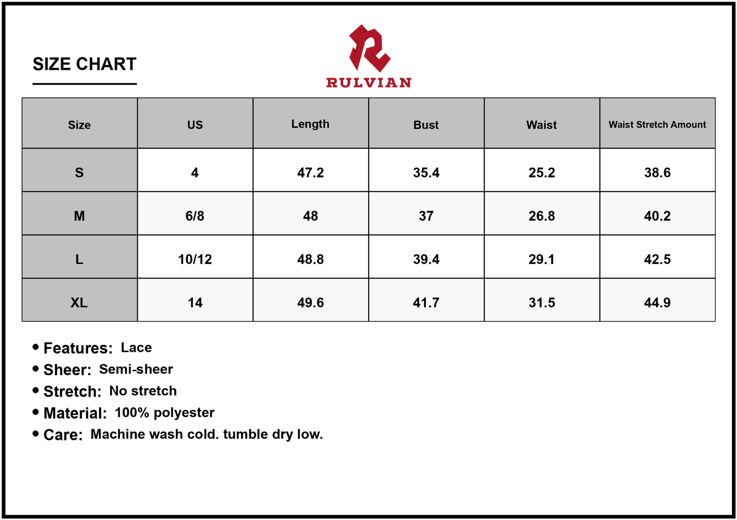 Size Chart - Women's Lace Patchwork Printed V Neck Dress Sheer Overlay 100% Polyester Fabric Elegant Party Ready Evening Wear
