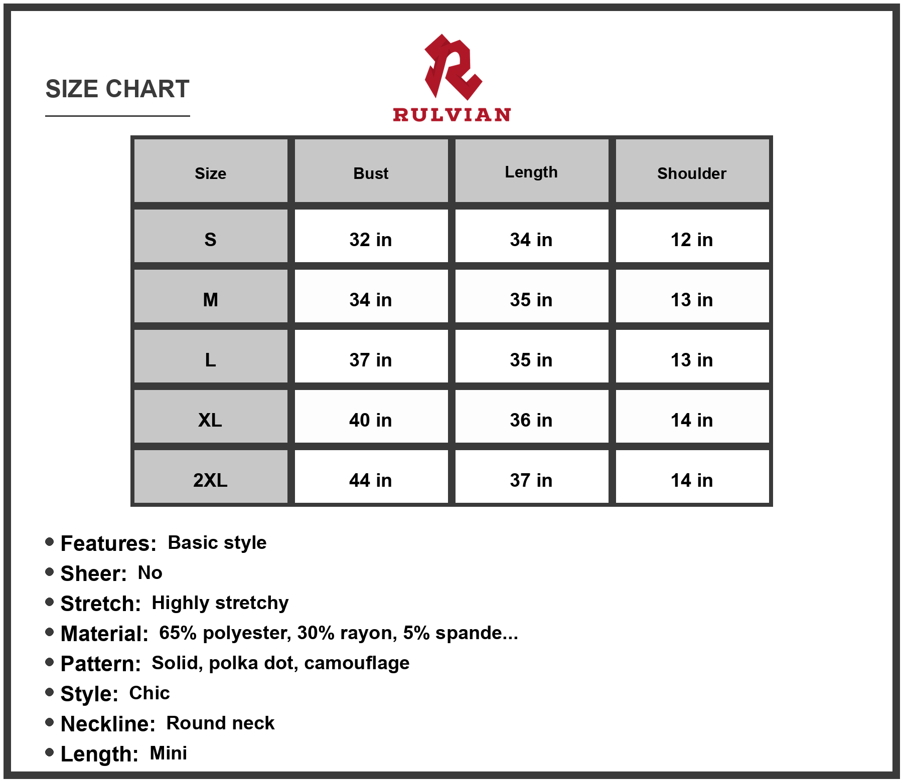 Size Chart - Women's Butterfly Sleeve Round Neck Dress Mini Casual Pattern Solid 65% Polyester 30% Rayon 5% Spandex Everyday Wear