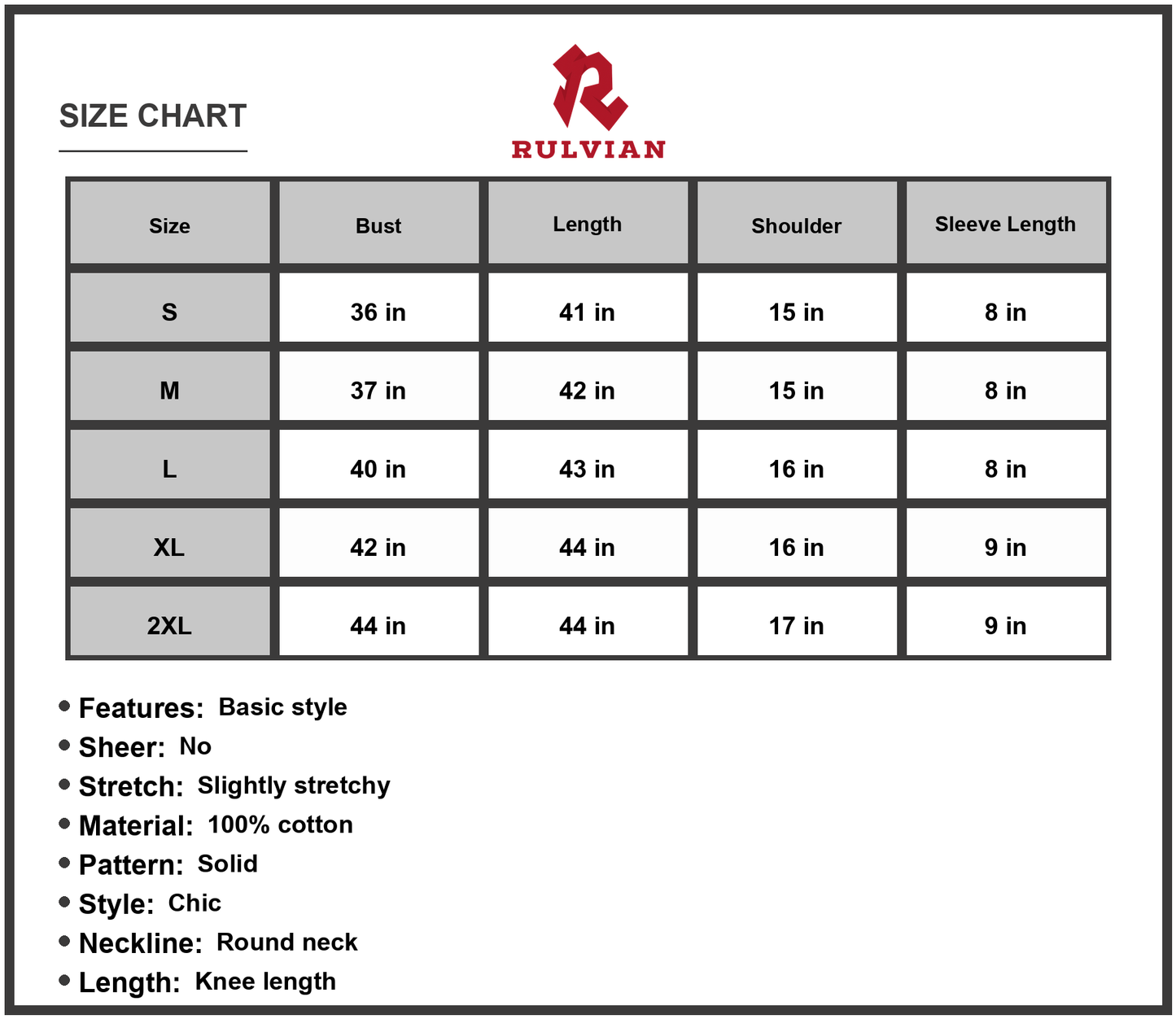 Size Chart - Women's Round Neck Short Sleeve Dress with Pockets in 100% Cotton Fabric Knee Length A line Silhouette Soft Breathable