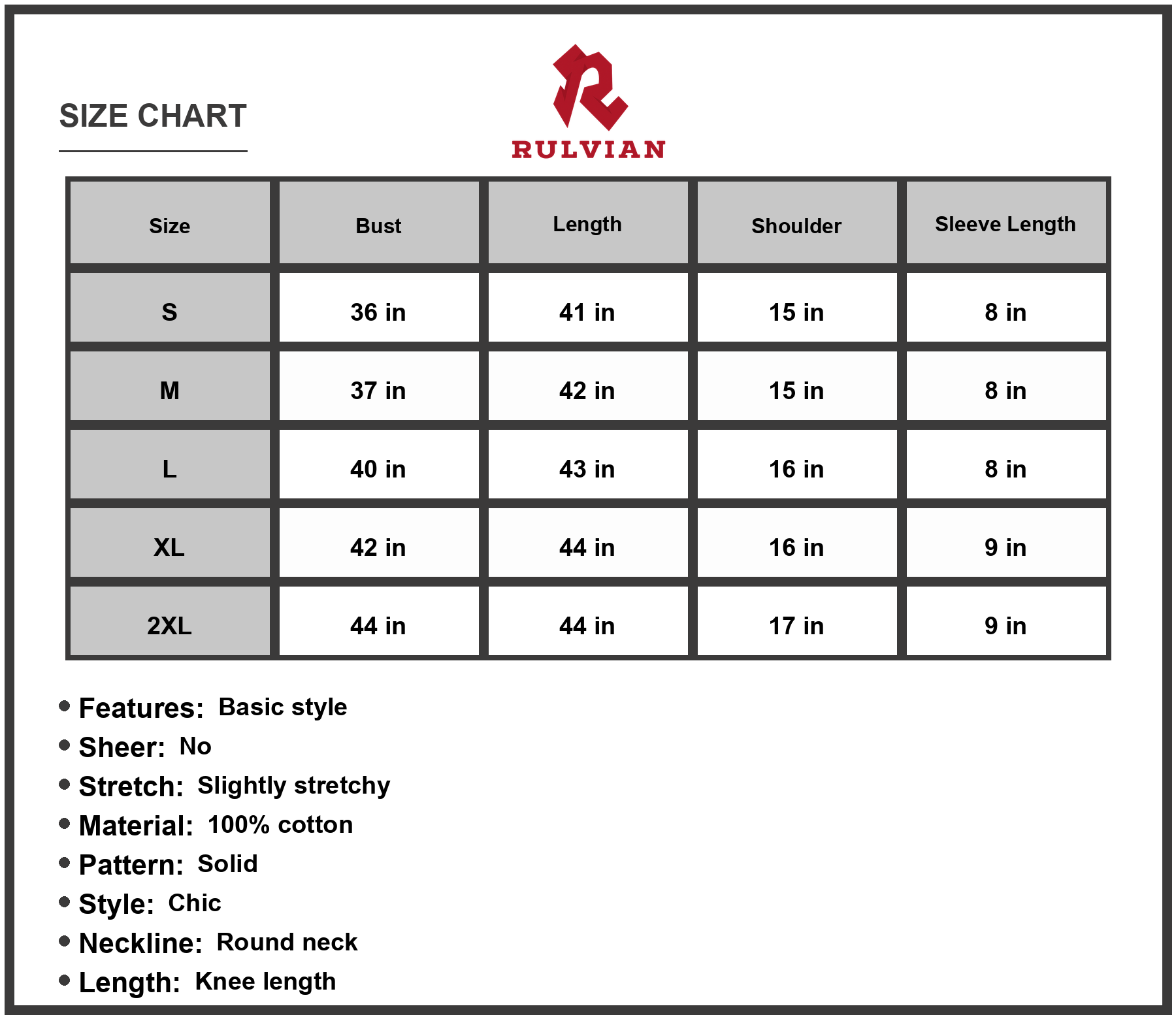 Size Chart - Women's Round Neck Short Sleeve Dress with Pockets in 100% Cotton Fabric Knee Length A line Silhouette Soft Breathable