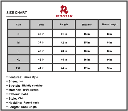 Size Chart - Women's Round Neck Short Sleeve Dress with Pockets in 100% Cotton Fabric Knee Length A line Silhouette Soft Breathable