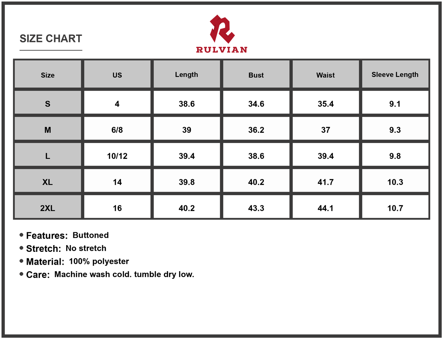 Size Chart - Women's Geometric V-Neck Short Sleeve Button Front Dress 100% Polyester Comfortable Casual Chic Everyday Allseason Wear