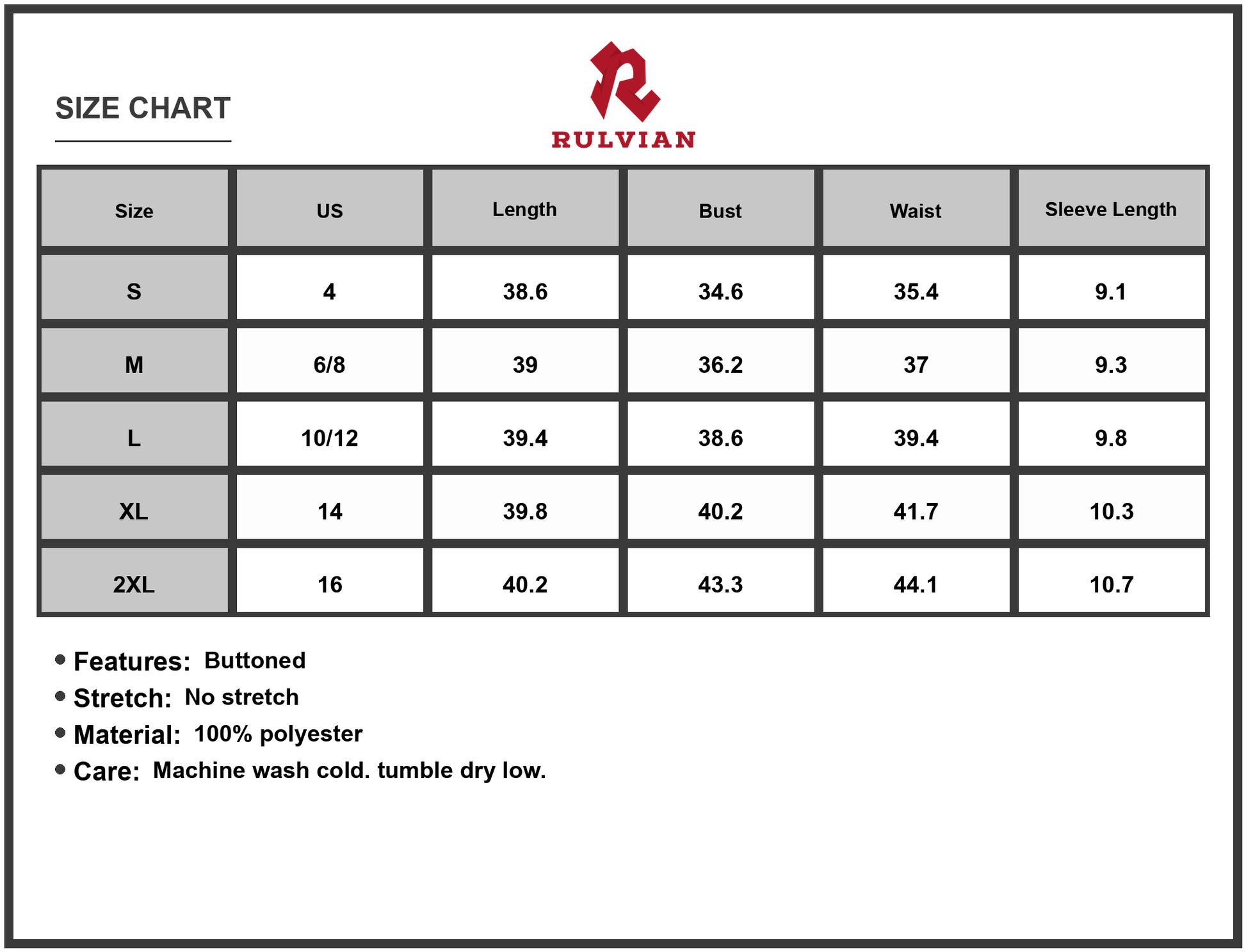 Size Chart - Women's Geometric V-Neck Short Sleeve Button Front Dress 100% Polyester Comfortable Casual Chic Everyday Allseason Wear