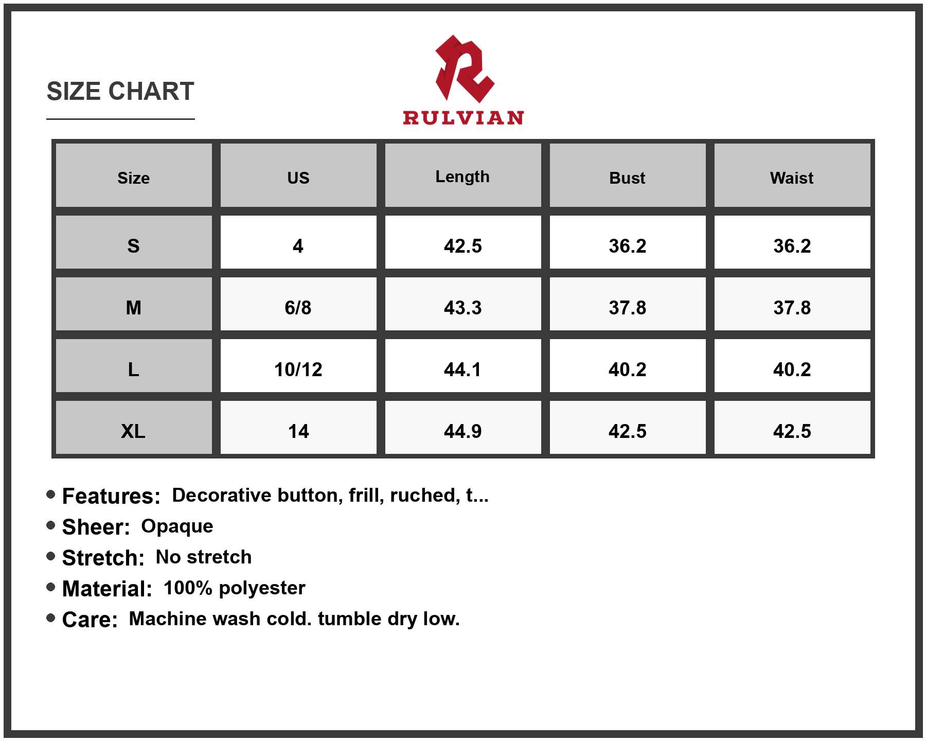 Size Chart - Women's Sleeveless Button Decor Printed Tiered Midi Dress with Ruched Sheer Overlay 100% Polyester Fabric for daily wear
