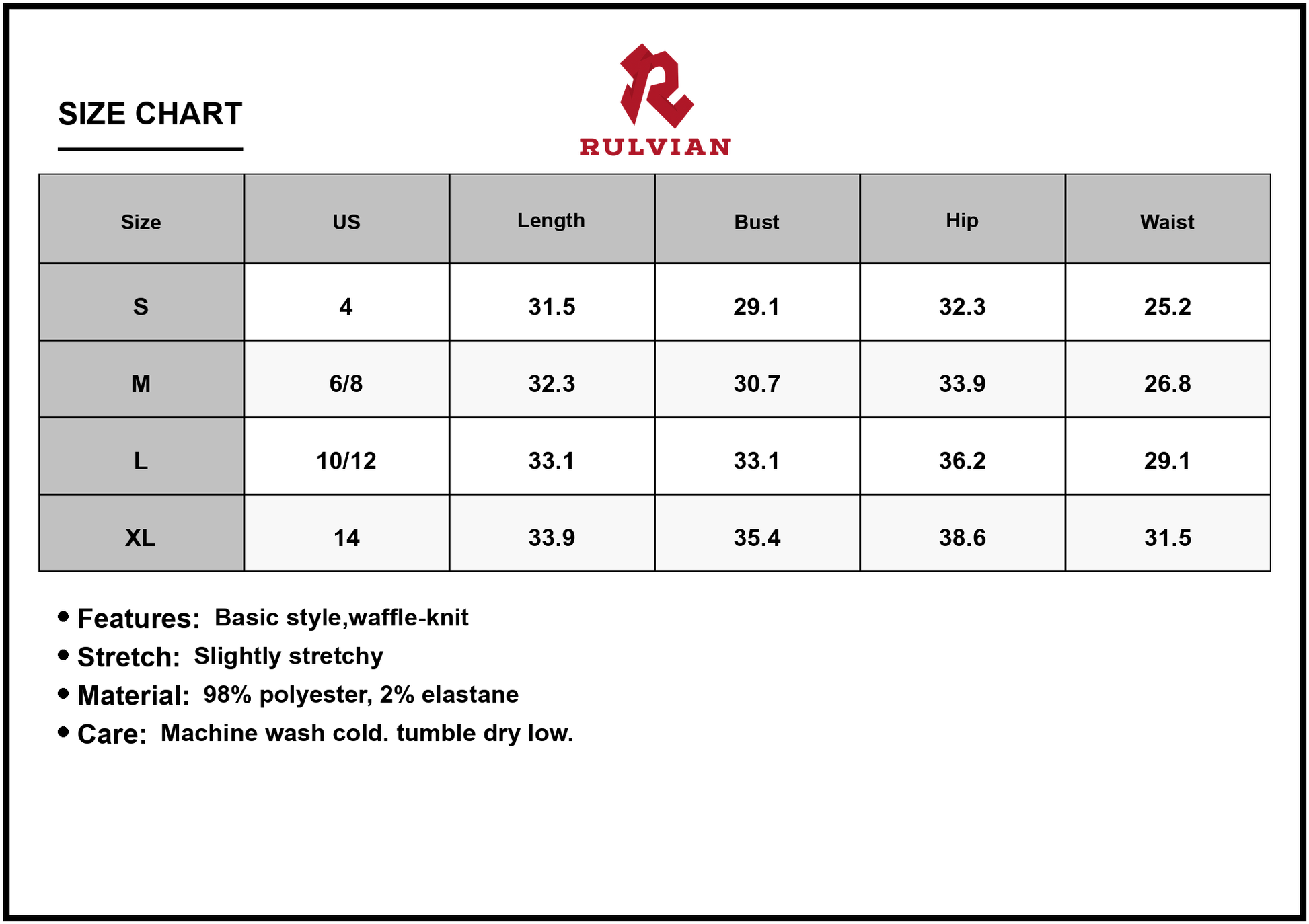 Size Chart - Women's Waffle Knit Sleeveless Mini Tank Dress with Stretch 98% Polyester 2% Elastane Lightweight Easy Care All Day