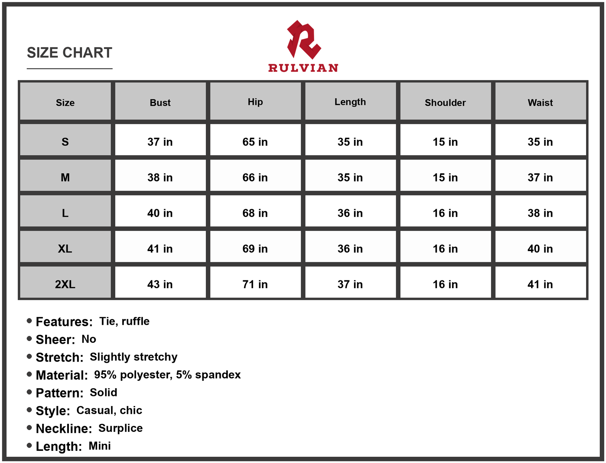 Size Chart - Women's Long Sleeve Tie Waist Ruffle Hem Dress Casual Chic Surplice Mini Line 95% polyester 5% spandex everyday
