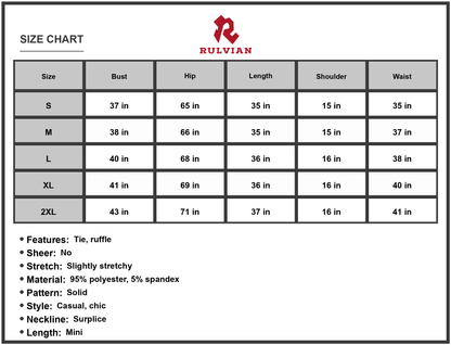 Size Chart - Women's Long Sleeve Tie Waist Ruffle Hem Dress Casual Chic Surplice Mini Line 95% polyester 5% spandex everyday