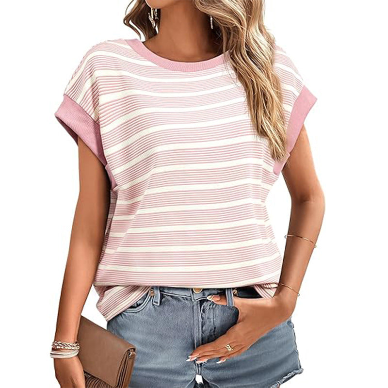 Womens Loose Round Neck Stripe Knitted Tshirt Raglan Sleeves 100% Cotton Top Soft Casual Everyday Wear Daily
