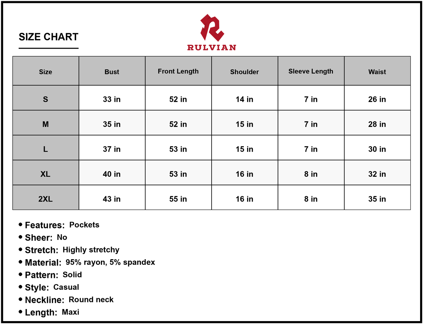 Size Chart - Women's Round Neck Maxi Dress with Pockets Soft Stretch Rayon Spandex 95% rayon 5% spandex Casual Everyday Comfort Wear