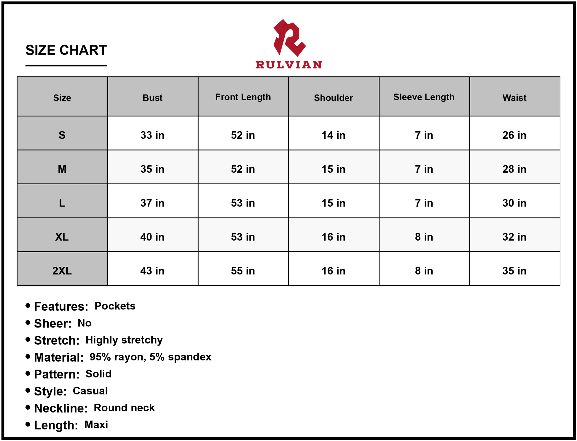 Size Chart - Women's Round Neck Maxi Dress with Pockets Soft Stretch Rayon Spandex 95% rayon 5% spandex Casual Everyday Comfort Wear