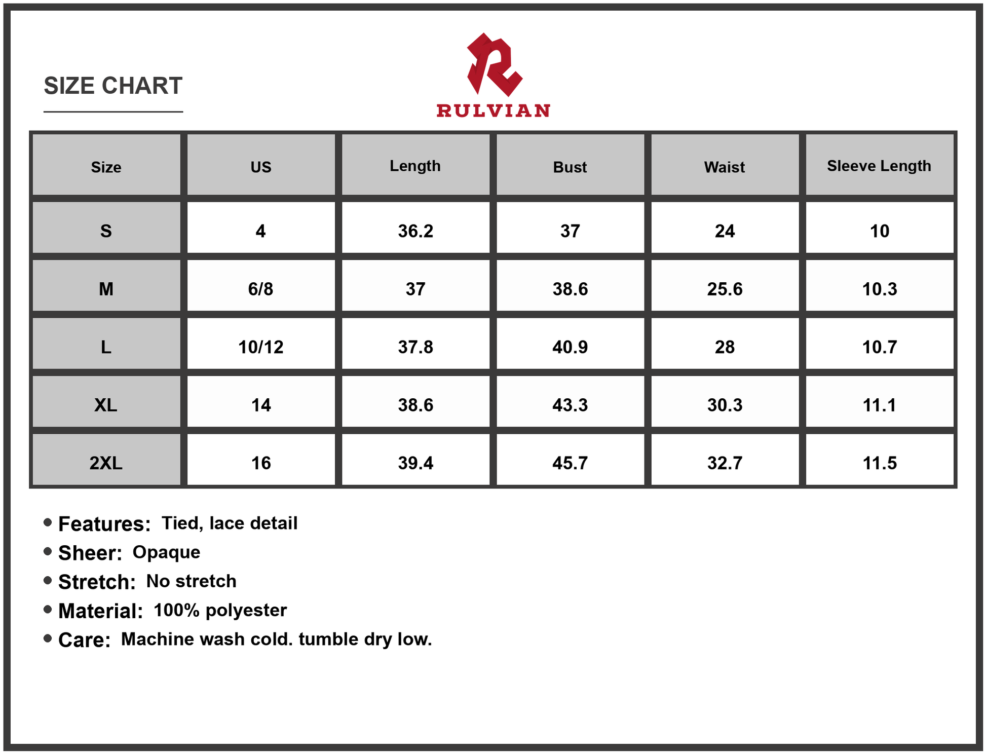 Size Chart - Women's V Neck Short Sleeve Mini Dress with Contrast Trim and Lace Detail 100% Polyester Fabric Elegant Comfort