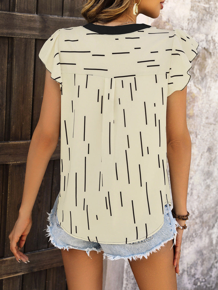 Men's Apricot Patchwork Summer Shirt With Stand Collar And Ruffled Lotus Leaf Sleeves Line Striped Polyester%