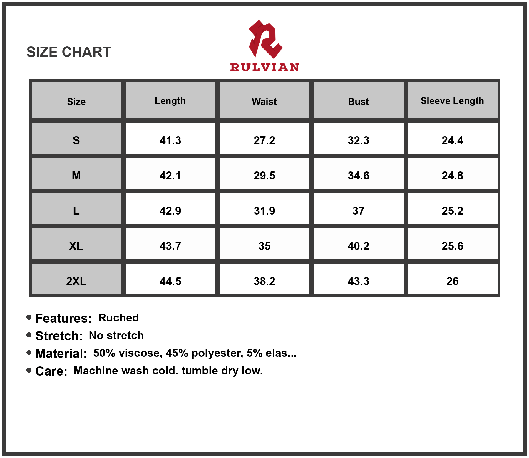 Size Chart - Women's Solid Color Ruched Detail Long Sleeve Midi Dress with viscose % polyester % elastane blend for everyday wear