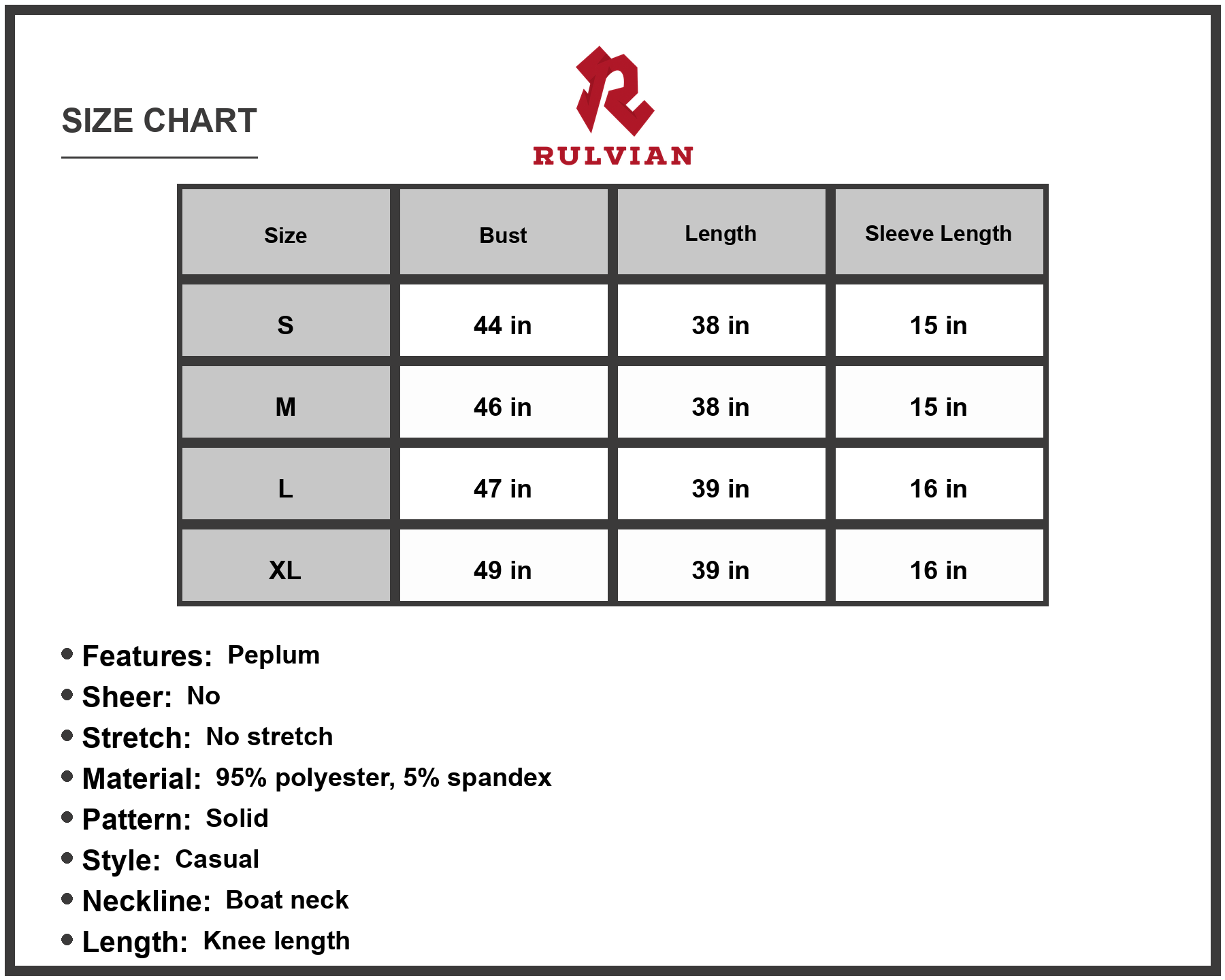 Size Chart - Women's Boat Neck Flounce Sleeve Knee Length Dress with 95% Polyester 5% Spandex Fabric for Casual Everyday Wear