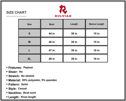 Size Chart - Women's Boat Neck Flounce Sleeve Knee Length Dress with 95% Polyester 5% Spandex Fabric for Casual Everyday Wear