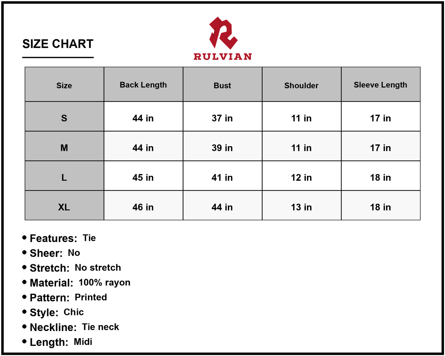Size Chart - Women's Floral Tie Neck Lantern Sleeve Midi Dress 100% Rayon Fabric for Effortless Everyday Chic and Stylish Weekend