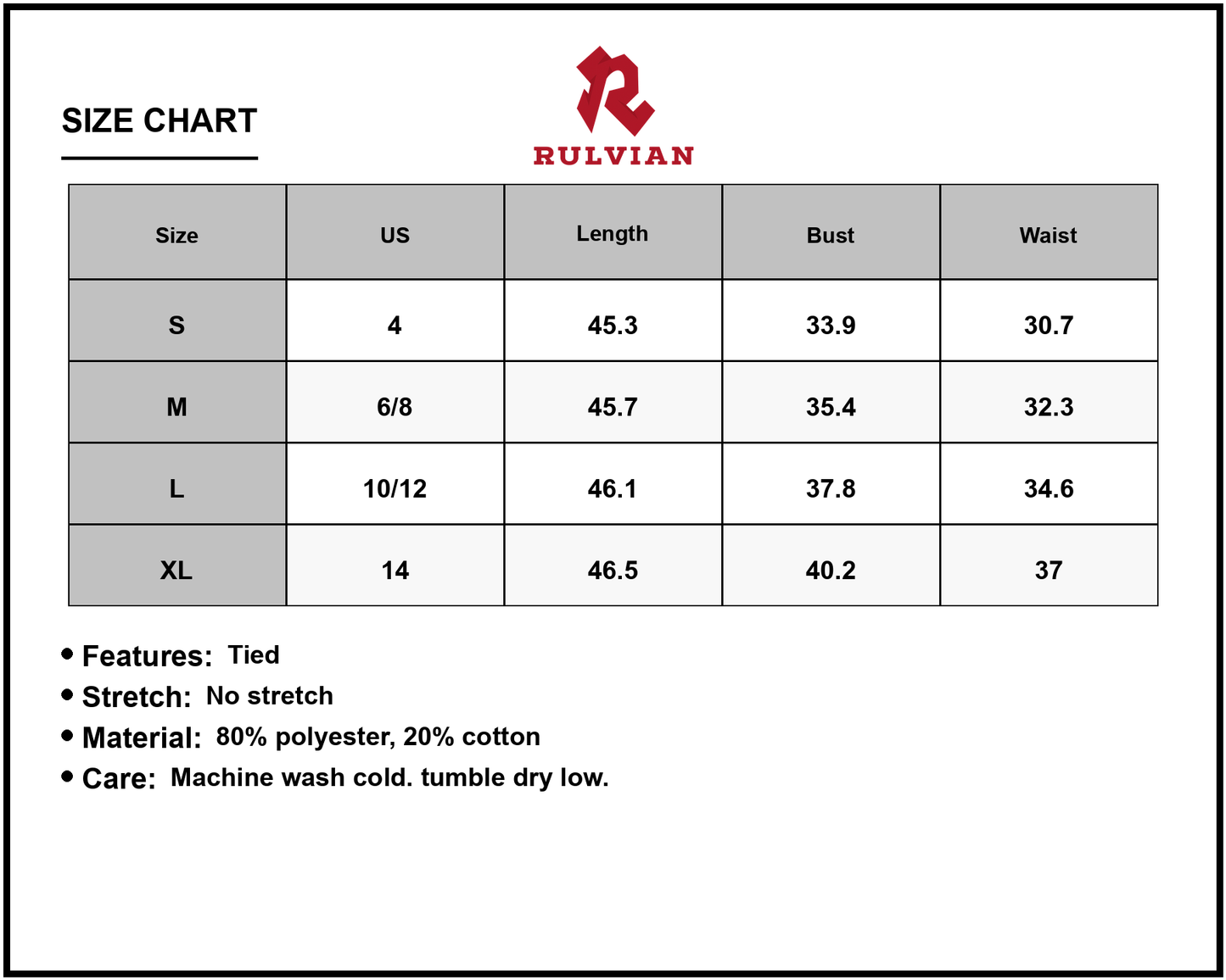 Size Chart - Women's Classic Fit Dress 80% Polyester 20% Cotton Not Stretch Not Lined Imported Ideal for Everyday Wear Easy Care