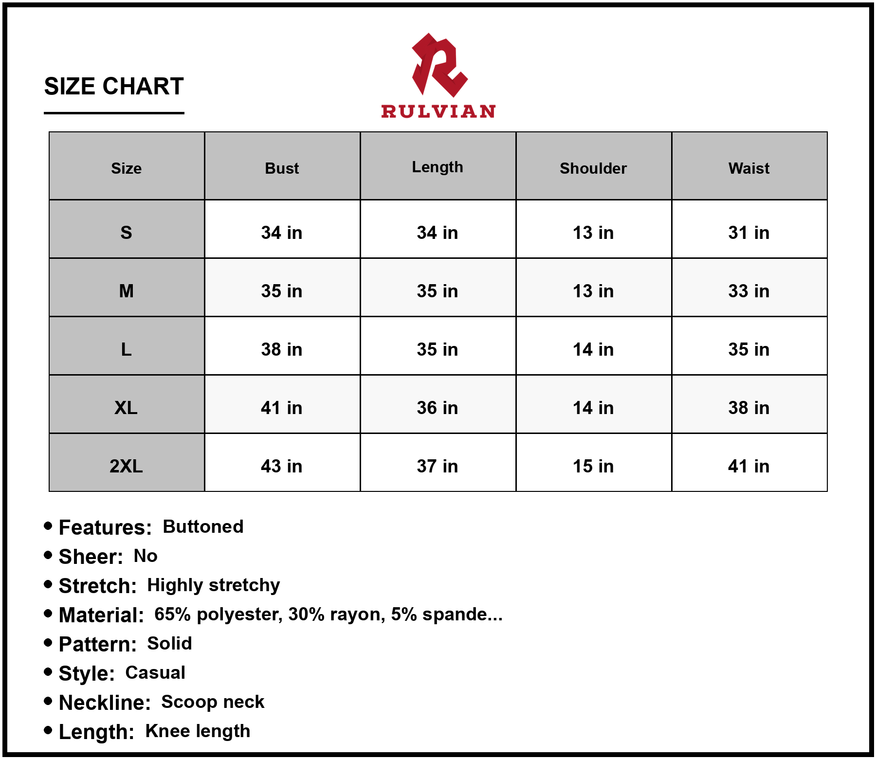 Size Chart - Women's Tiered Scoop Neck Sleeveless Dress with Decorative Button Detail 65% Polyester 30% Rayon 5% Spandex Everyday