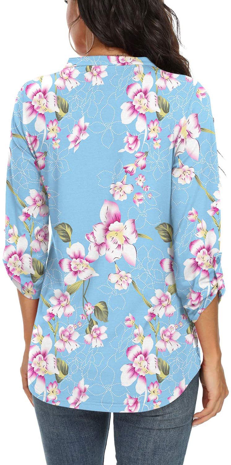 Women's V Neck Floral Print Pullover Top with Polyester Fiber % Fabric and Elegant Sleeve Design Casual