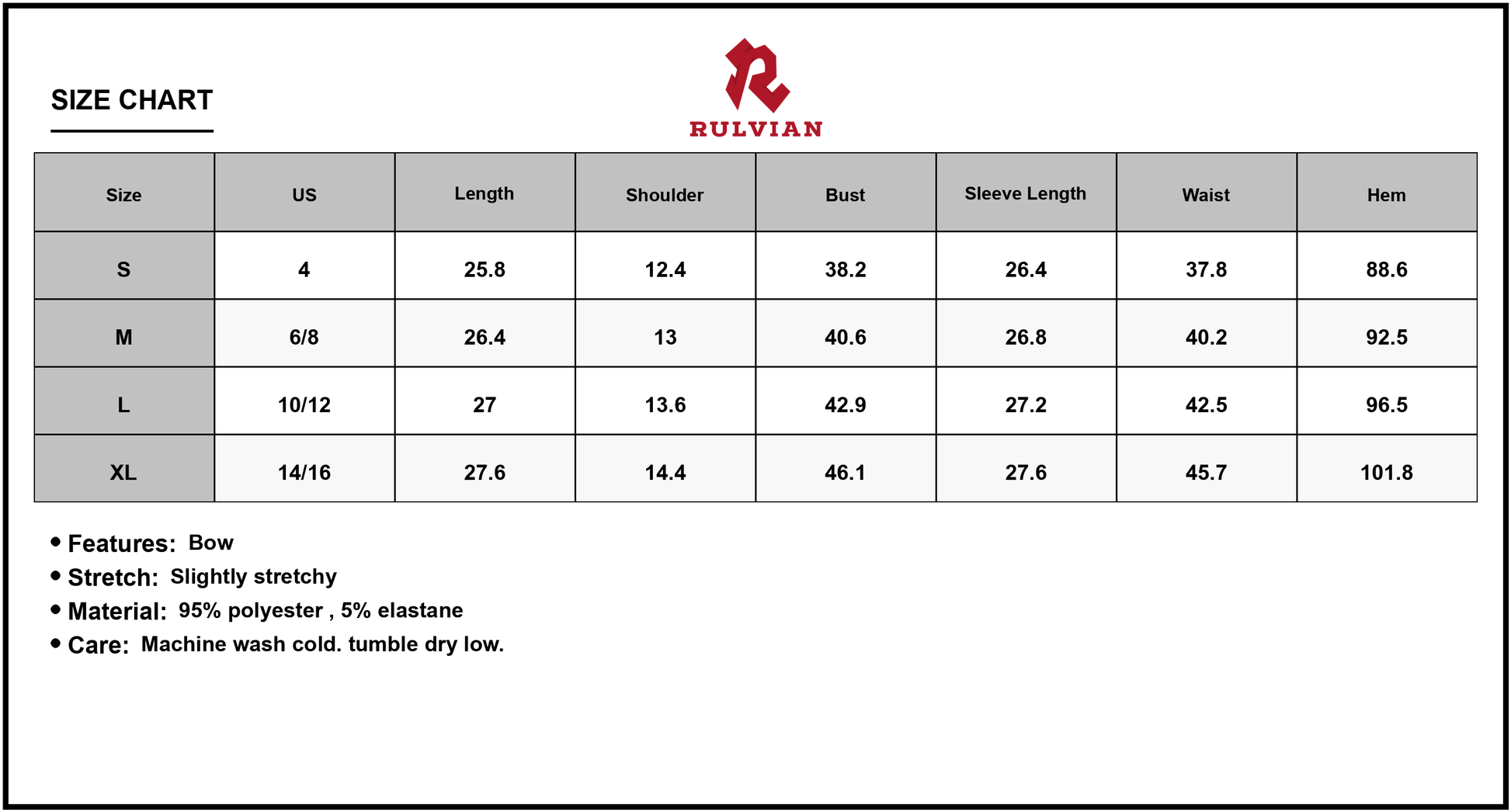 Size Chart - Women's Tied Round Neck Flounce Sleeve Mini Dress 95% Polyester 5% Elastane Soft Stretch Day Night Casual Events