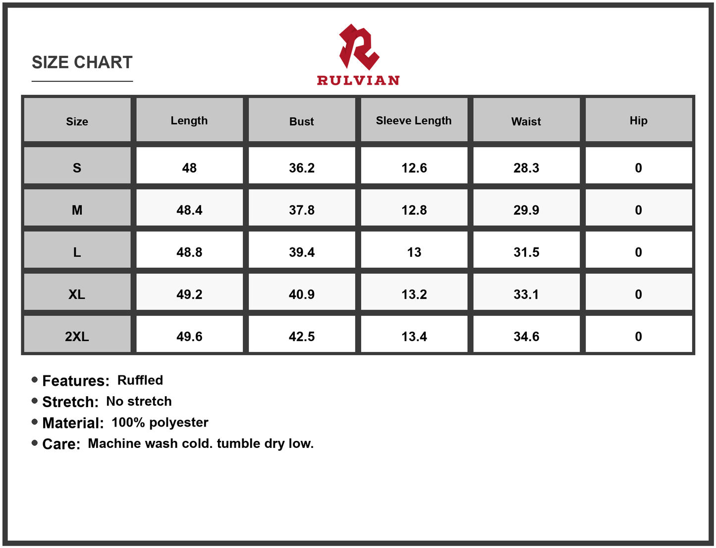 Size Chart - Women's Printed Round Neck Puff Sleeve Dress in 100% Polyester Fabric with Ruffle Accent and Comfortable Fit All Day