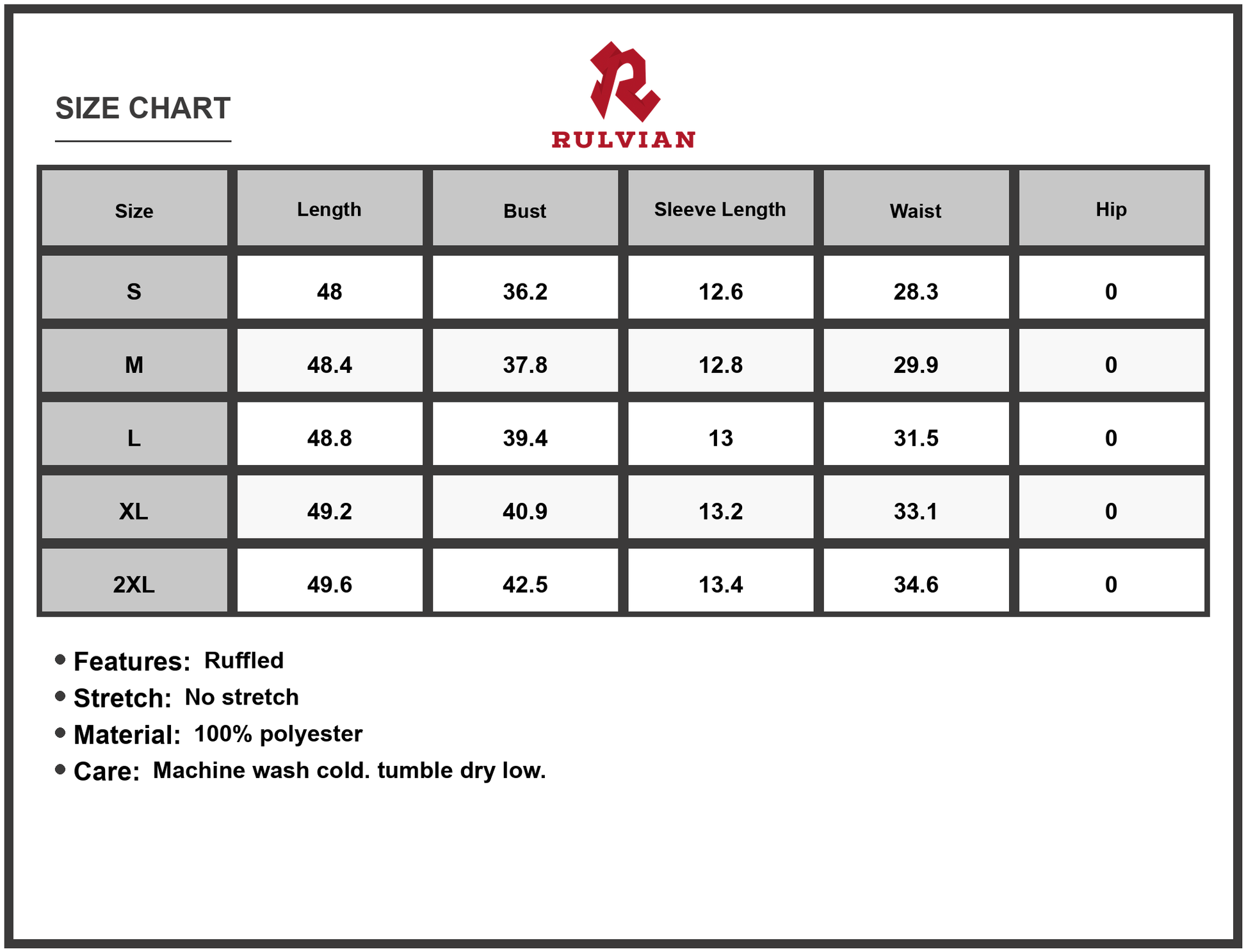 Size Chart - Women's Printed Round Neck Puff Sleeve Dress in 100% Polyester Fabric with Ruffle Accent and Comfortable Fit All Day