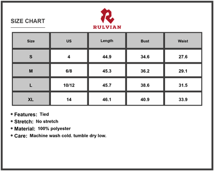 Size Chart - Women's Ruched V Neck Cami Dress 100% Polyester Lightweight Silky Feel Everyday Wear Ideal for Warm Weather Season