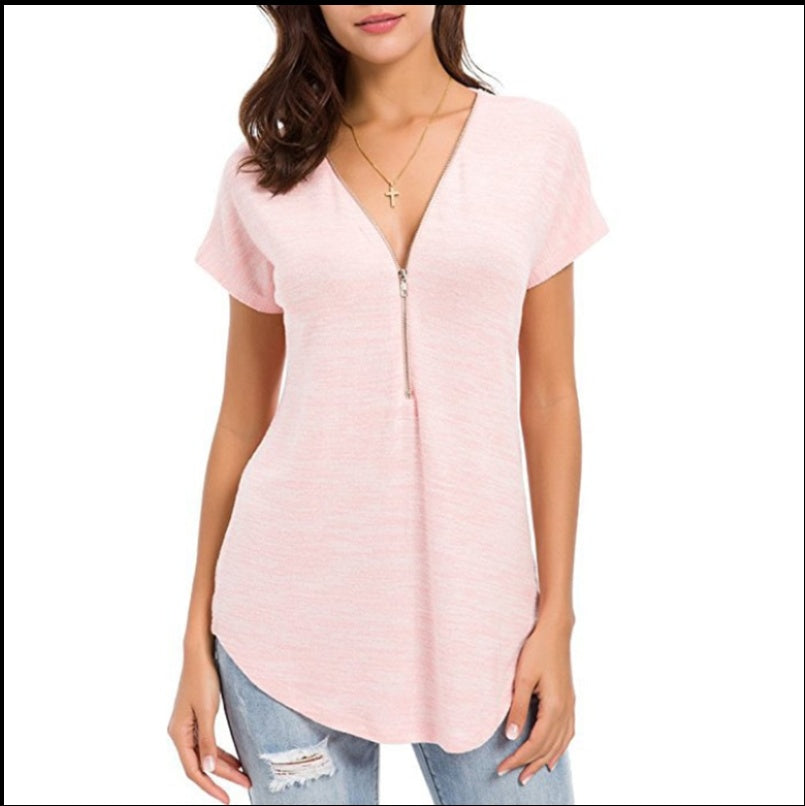 Men's Casual Loose Fit Short Sleeve V Neck Cotton Shirt With Zipper Stitching Front Detail For Everyday Wear