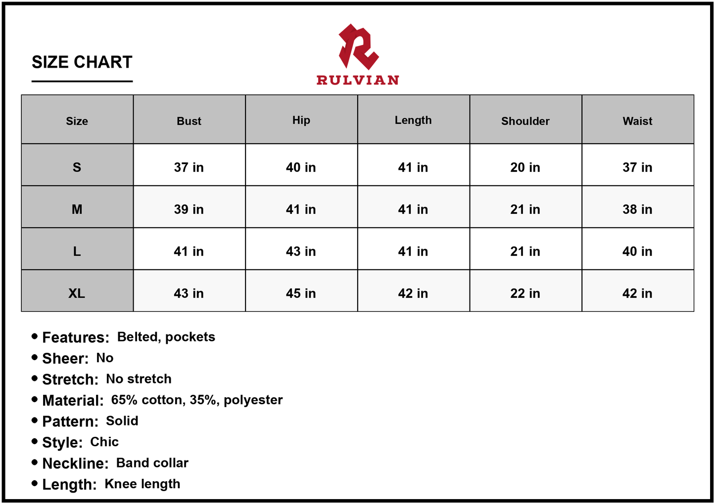 Size Chart - Women's Button Down Belted Denim Dress with Pockets Knee Length Band Collar Cap Sleeves sixty five percent cotton