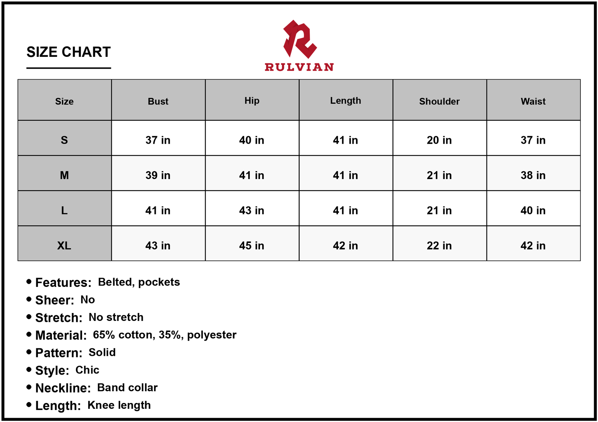 Size Chart - Women's Button Down Belted Denim Dress with Pockets Knee Length Band Collar Cap Sleeves sixty five percent cotton