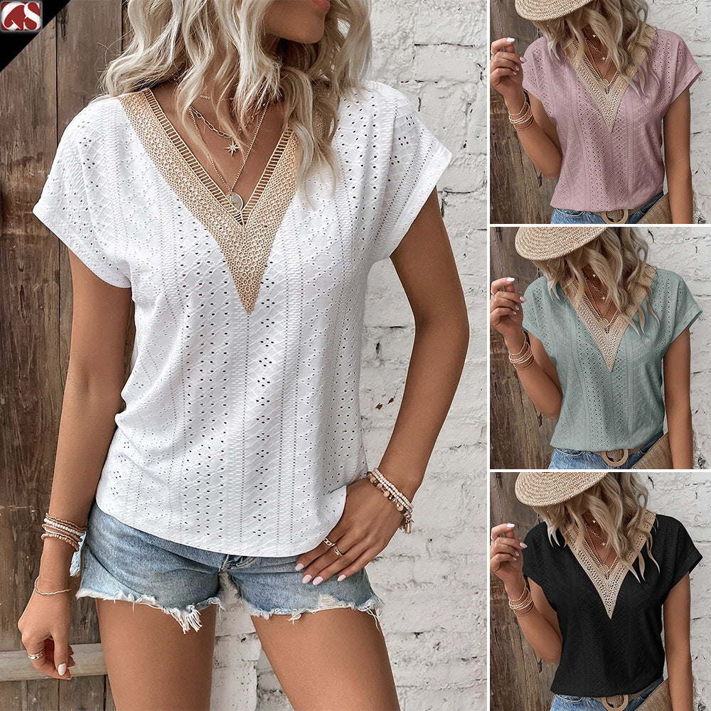 Women's V Neck Lace Patchwork Knitted Jacquard Top With Polyester% Fabric For Stylish Everyday Wear Today