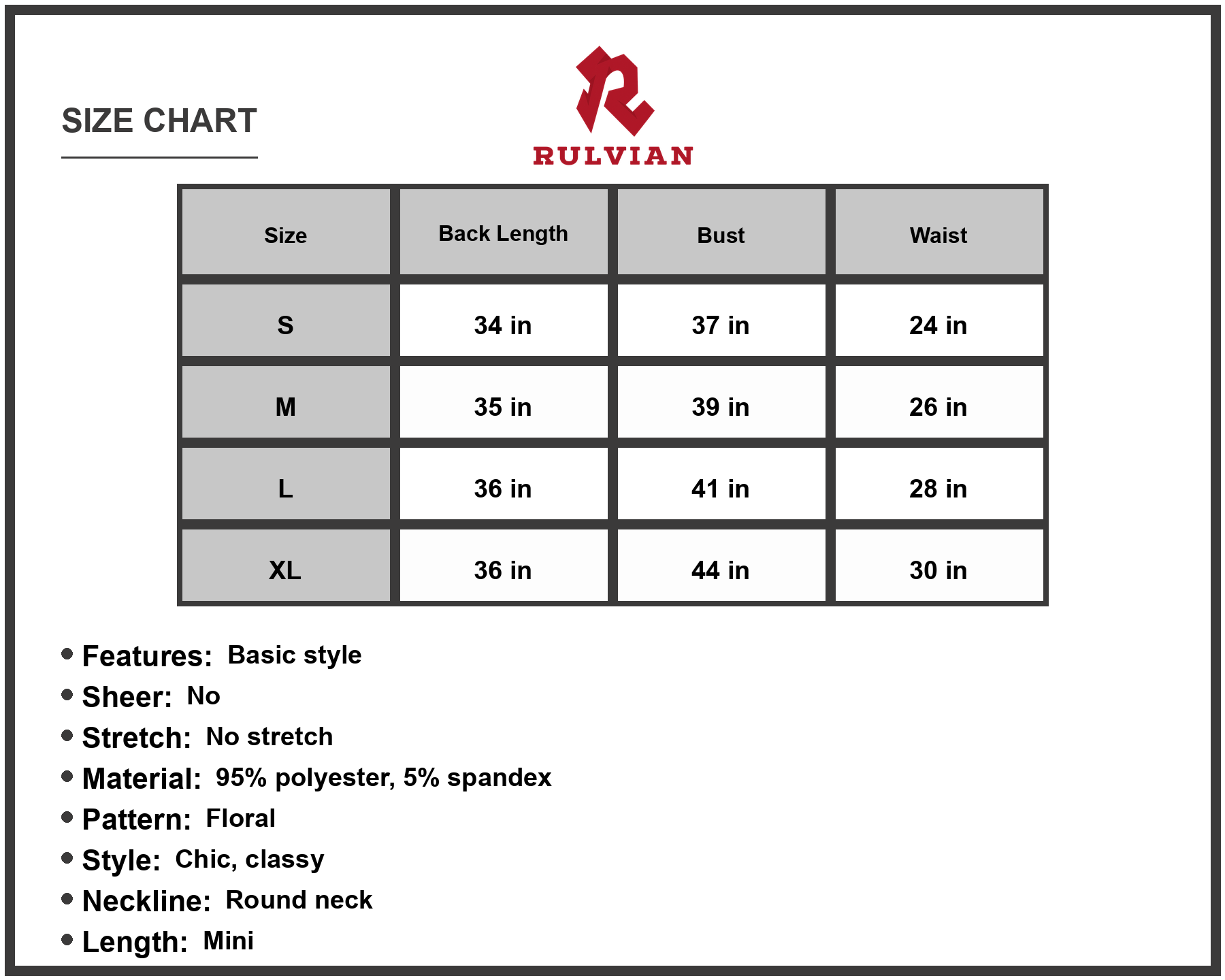 Size Chart - Women's Floral Tied Sleeveless Mini Dress Casual Chic Everyday Wear Lightweight 95% Polyester 5% Spandex Everyday Look
