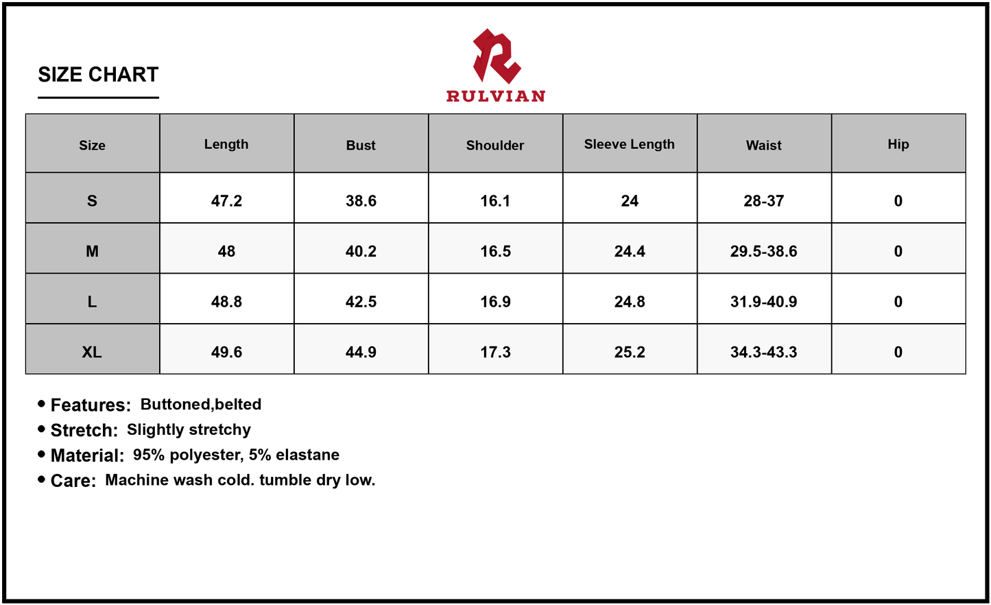 Size Chart - Women's Long Sleeve Button Front Belted Midi Dress 95% Polyester 5% Elastane for Elegant Everyday Wear For Daily Use