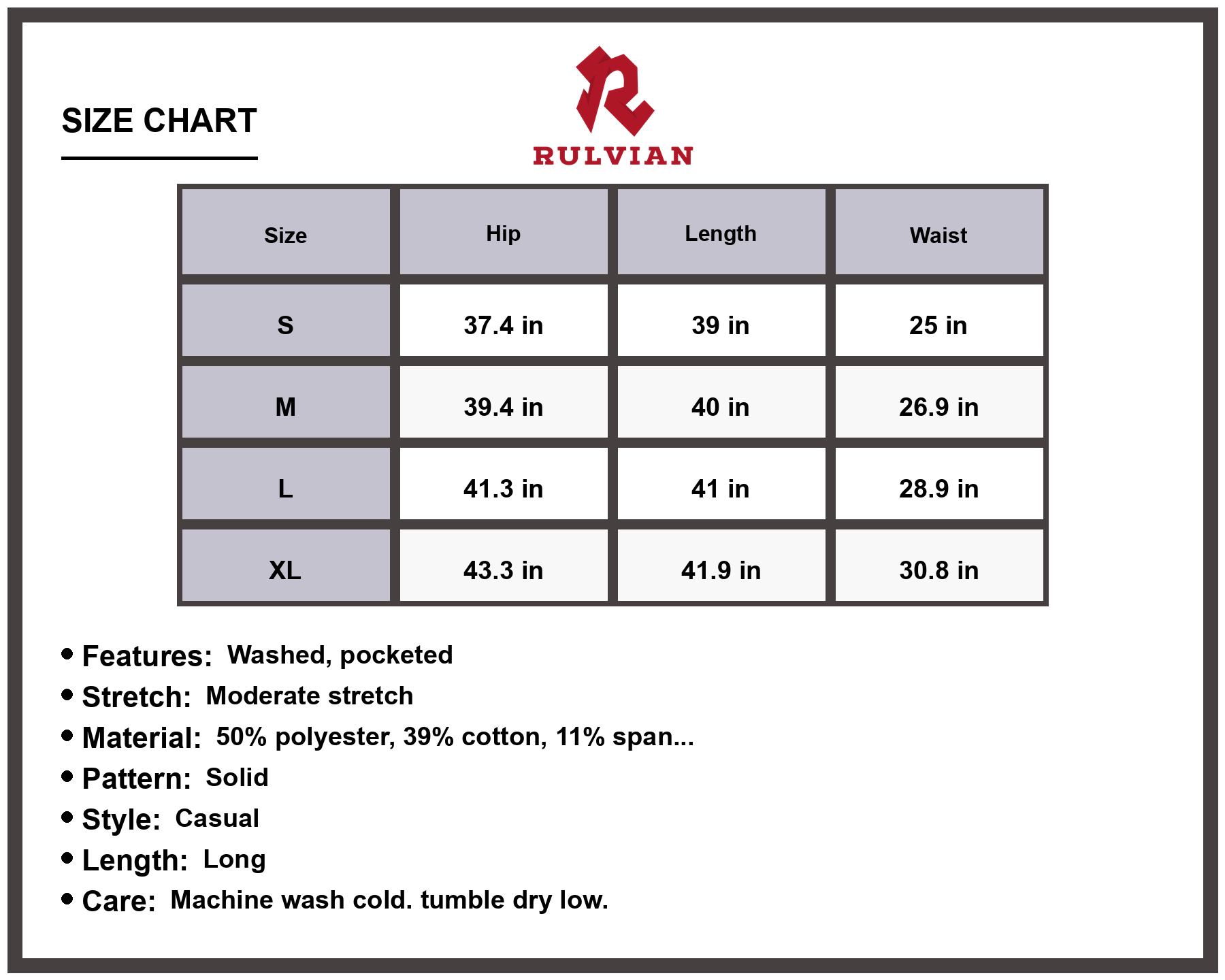 Size Chart - Women's Buttoned Pocketed Washed Long Jeans Casual Everyday Denim Pants Moderate Stretch Durable Versatile Modern Fit