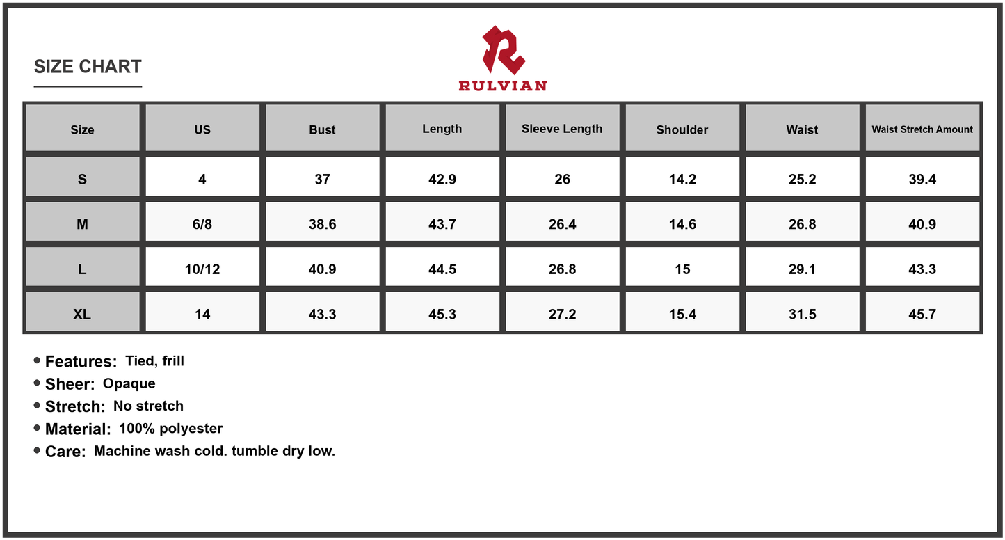 Size Chart - Women's Printed Mock Neck Flounce Sleeve Dress 100% Polyester Lightweight Elegant Everyday Dress Chic Versatile Gown Now