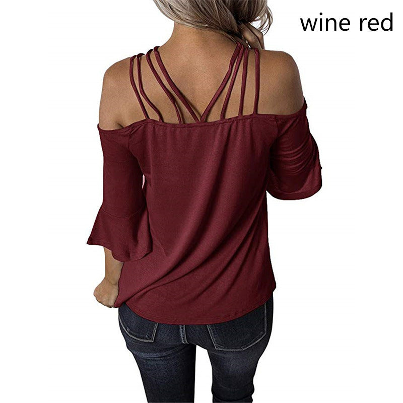 Womens One Shoulder Flared Sleeve T Shirt with Stitching Details Loose Fit Casual Top Polyester 70% Fabric