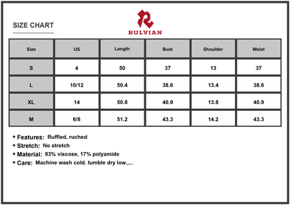 Size Chart - Men's Ruffled Printed V Neck Cap Sleeve Dress Ruched Bodice soft viscose % eighty three and polyamide % seventeen
