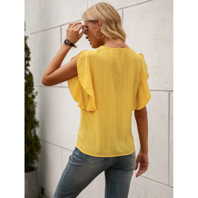Womens V Neck Lotus Leaf Sleeve Yellow Shirt 30% Polyester Blend Lightweight Casual Everyday Comfort Top