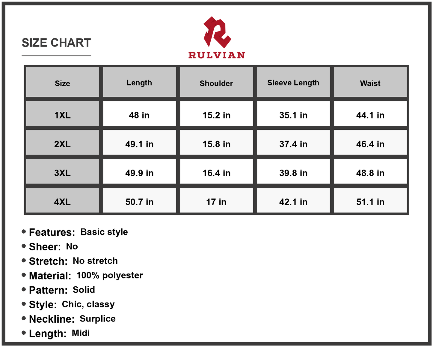 Size Chart - Women's Plus Size Short Sleeve Surplice Neck Midi Dress 100% Polyester Chic Elegant Everyday Dress Feminine Silhouette