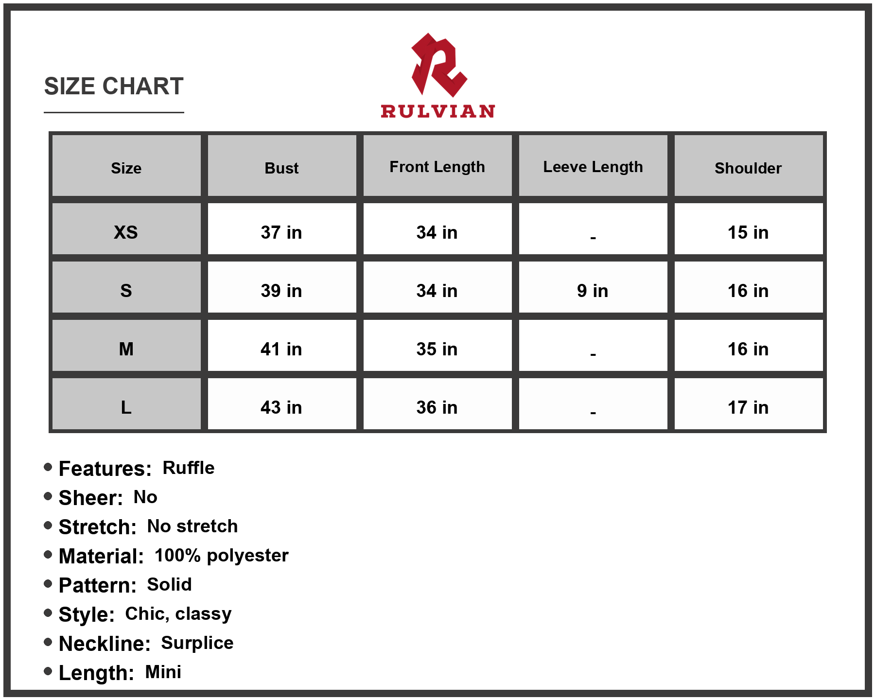 Size Chart - Women's Shiny Smocked Waist Flounce Sleeve Ruffle Hem Dress in Polyester 100% Fabric Casual Chic Mini Length Everyday